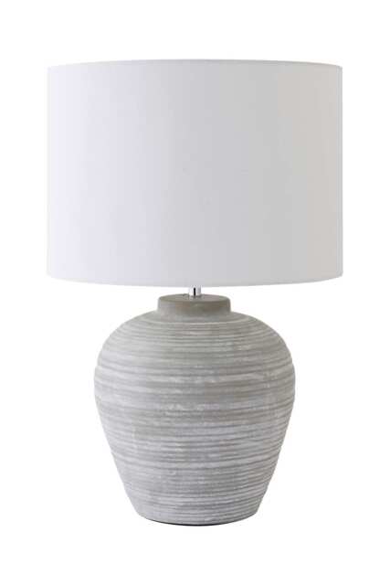 ValueLights Reid Linen Shade Stone Grey Ribbed Ceramic Large Table Lamp Bulb