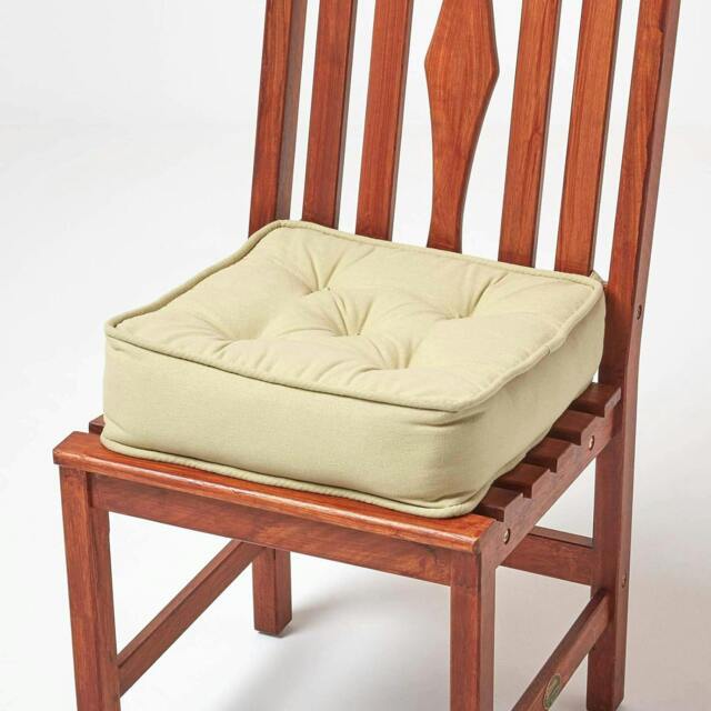 "Homescapes Sage Green Cotton Dining Chair Booster Cushion Green Sage green 40cm x 40cm x 10cm (16"" x 16"" x 4"")"
