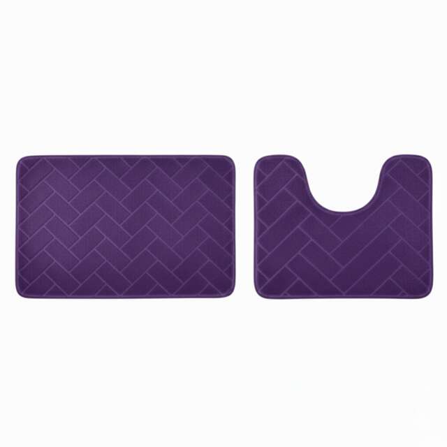 2 Piece Block Design Memory Foam Bath Mat Set Soft Absorbent Non-Slip Bathroom Purple Plum