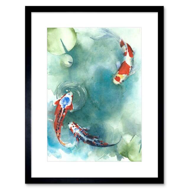 "Japanese Koi Fish Pond Lilies Watercolour 9x7"" Black Framed Wall Art Print"
