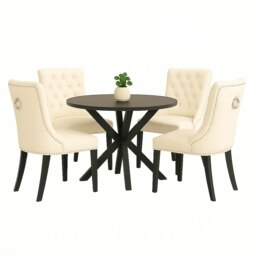 Natural Set of Four Studded Velvet Dining Chair with Ring Knocker Detail Cream Natural