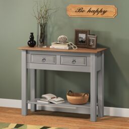 Mercers Furniture Corona 2 Drawer Console Table Grey Wax 1 Shelf Hallway Side Unit Solid Wood Pine Wooden with Mexican Styling