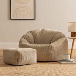 Kingston Cord Adults Bean Bag Chair and Pouffe, Ready Filled Beanbag and Footstool Stone Beige Cream Natural 2