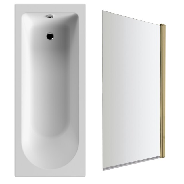 Round Single Ended Bath and Square Brushed Brass Screen - 1700 x 700mm White