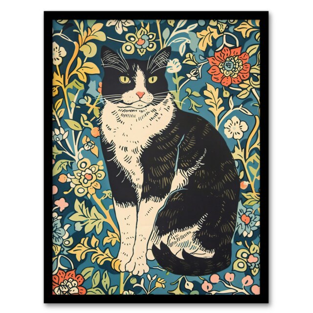 Cat Flowers Portrait Animal Lover Living Room Black Framed Wall Art Print A4