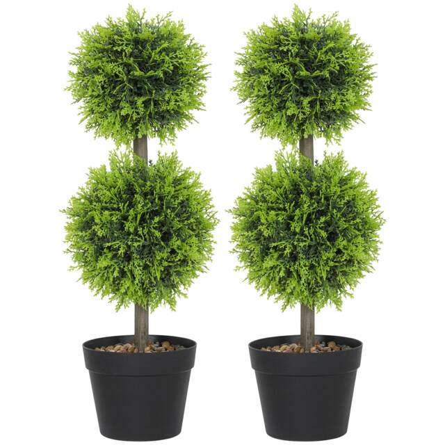 HOMCOM Set of 2 Artificial Topiary Cypress Ball Trees with Pot and Pebbles Green Green