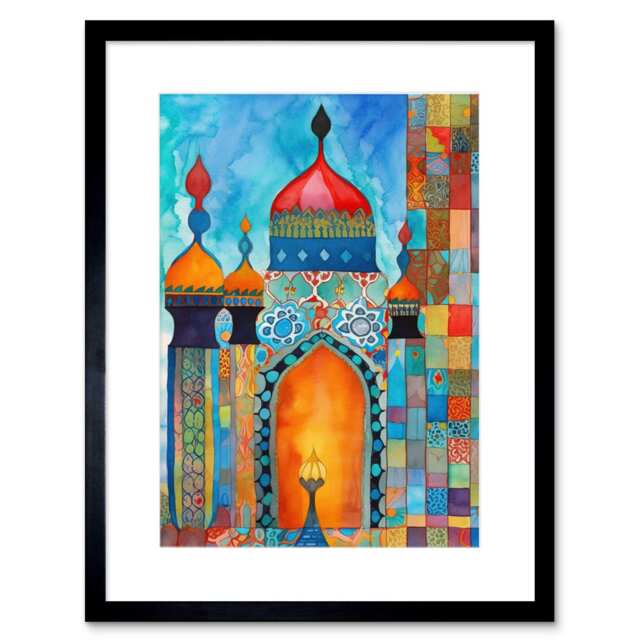 "Abstract Islamic Mosque Entrance Prayer Folk Art 9x7"" Black Framed Wall Art Print"
