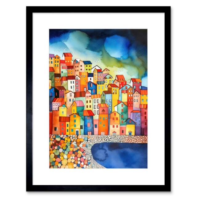 "Menton France Seaside Town Folk Art 9x7"" Black Framed Wall Art Print"