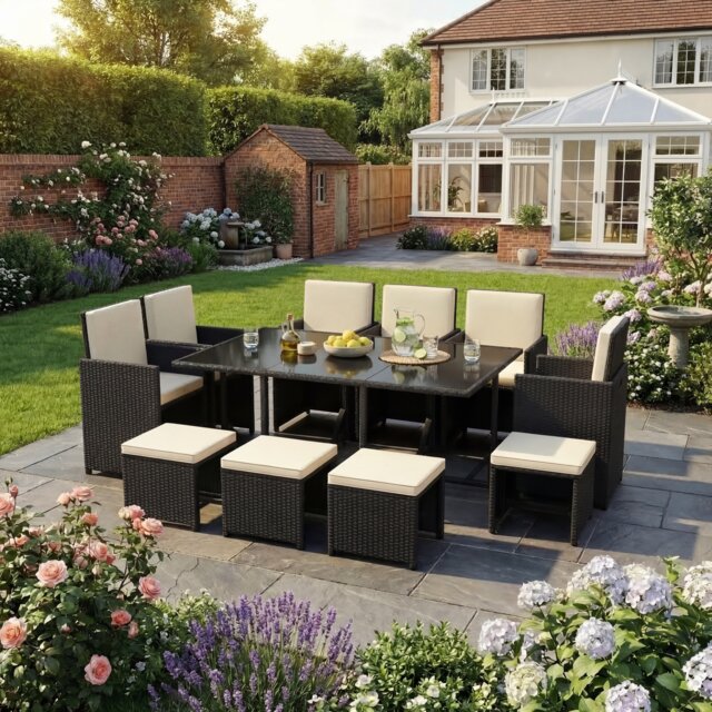 Garden Vida Cuba 10 Seater Rattan Set Folding Chair Stool Dining Table Outdoor Garden Furniture, Black