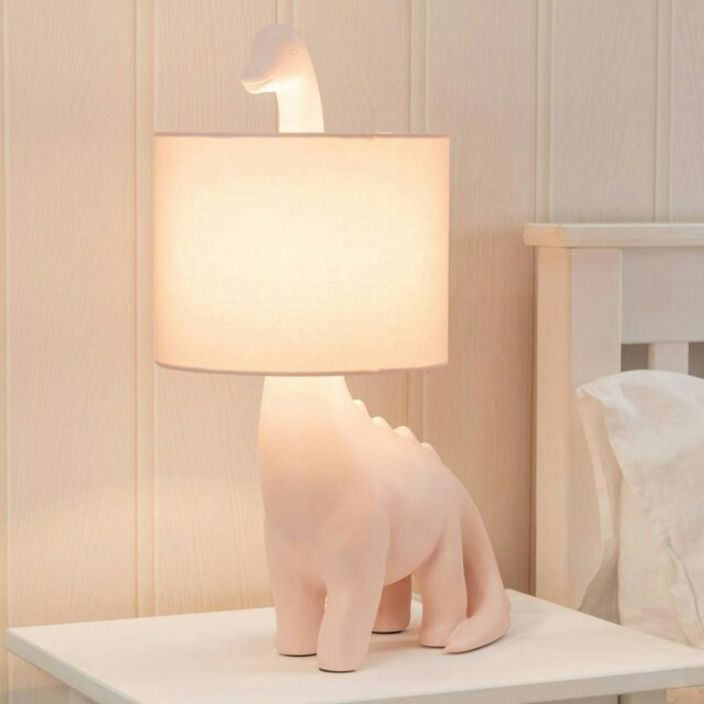 ValueLights Kids Pink Dinosaur Table Lamp with Drum Shade Pink