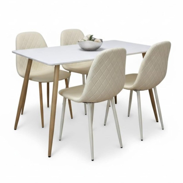 Wooden Dining Table with 4 Cream Gem Patterned Chairs White Table with Cream Chairs
