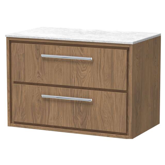 Balterley Longnor 2 Drawer Wall Hung Vanity Unit with White Marble Worktop, Antique Oak, 800mm