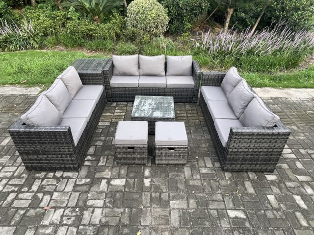Fimous 11 Seater Outdoor Rattan Garden Furniture Set Patio Lounge Sofa Set with Side Table Square Coffee Table 2 Small Footstool Dark Grey Mixed