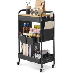 3-Tier Rolling Utility Cart with Tabletop, Hanging Cups and Side Pockets, Mobile Storage Trolley, Ink Black