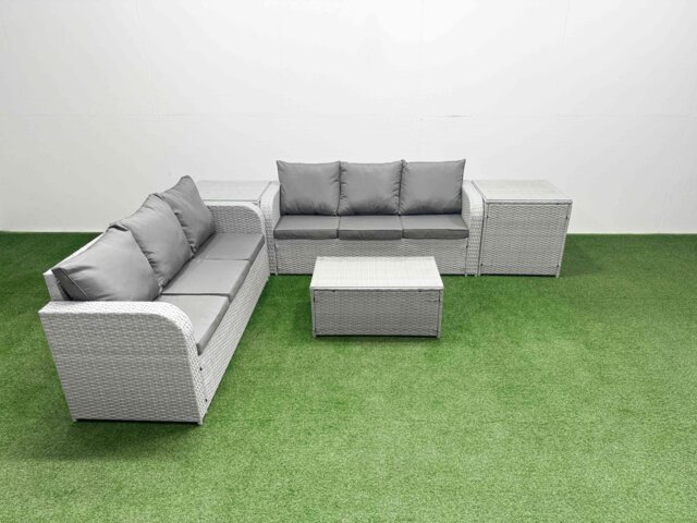 Fimous Outdoor Garden Furniture Sets 6 Seater Wicker Rattan Furniture Sofa Sets with Rectangular Coffee Table high Back Lounge Sofa 2 Side Table Light Grey