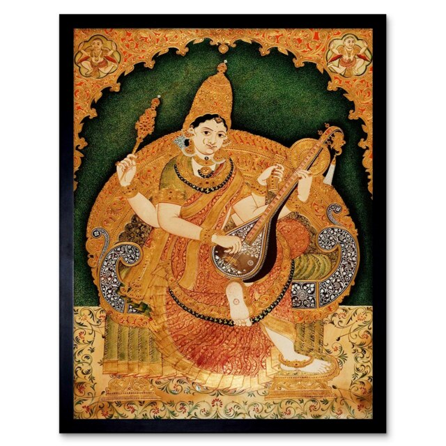 "Painting Krishnappa Hindu Goddess Saraswati 12x16"" Framed Wall Art Print"