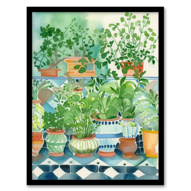 Fresh Herb Plant Pots On Tiled Shelves Folk Art Black Framed Wall Art Print A4