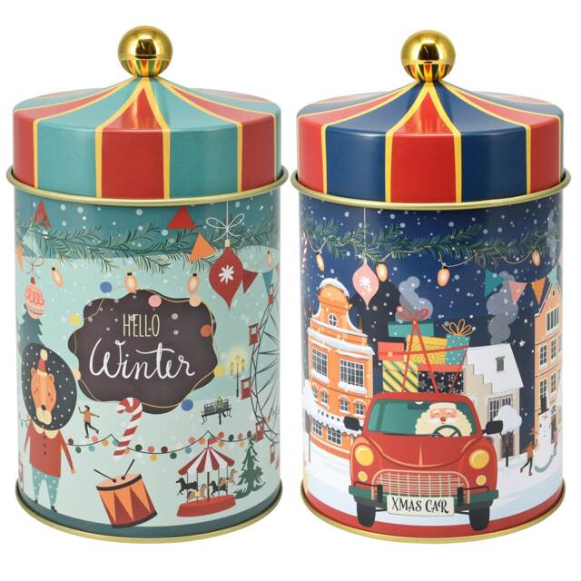 2 Decorative Christmas Tins with Lids Festive Metal Storage Biscuit Cookie Box