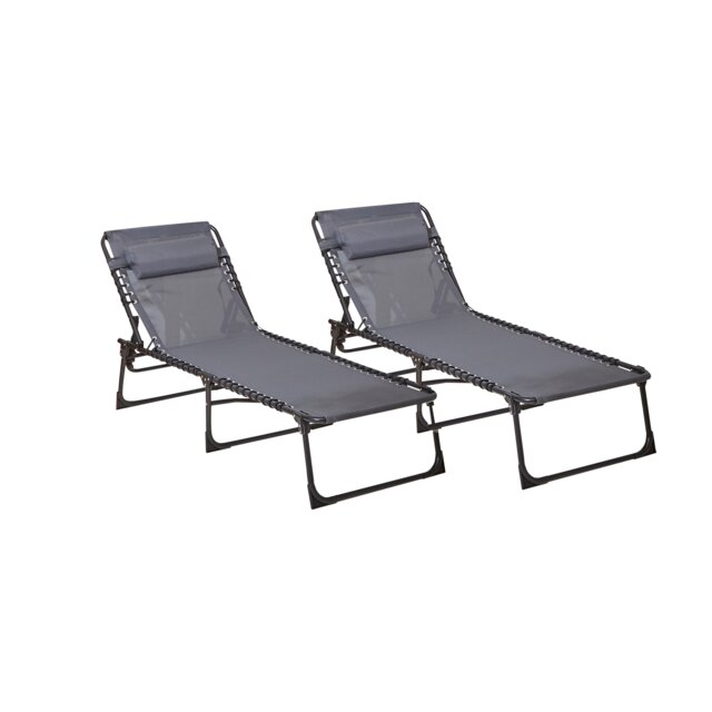 Neo Pair of Outdoor Portable Lightweight Sun Lounger Sunbed Folding Camping Reclining Lounge Chair Garden Beach Patio Grey