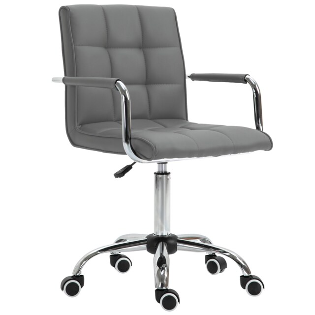 Vinsetto Makeup Vanity Chair, PU Leather Mid Back Office Chair with Adjustable Height, Armrest and Rolling Wheels, Grey