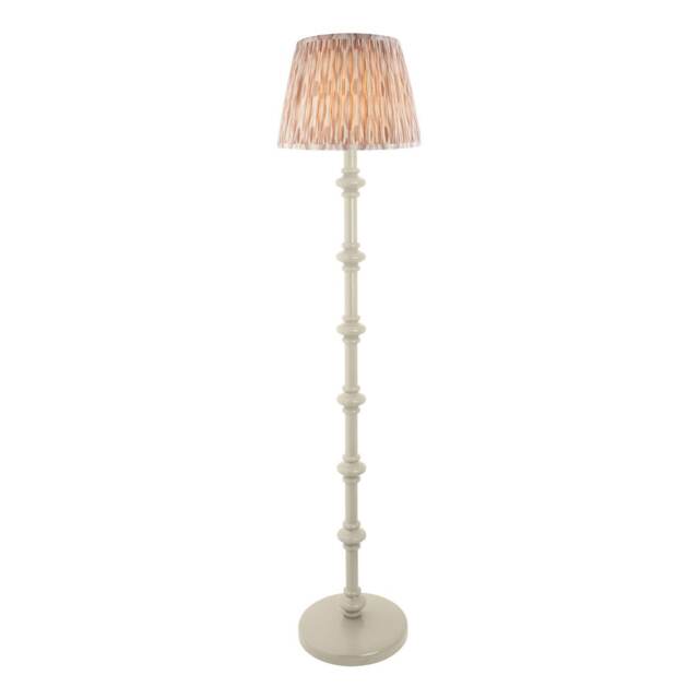 Carnaby Satin Almond White Paint Floor Lamp with Neutral Print Fabric Ikat Shade 35cm B22
