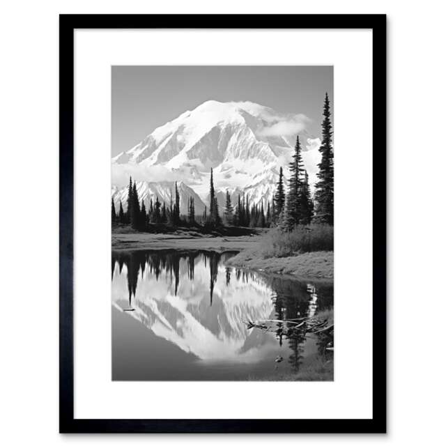 "Mount McKinley Reflections Wonder Lake B&W Photo 9x7"" Black Framed Wall Art Print"