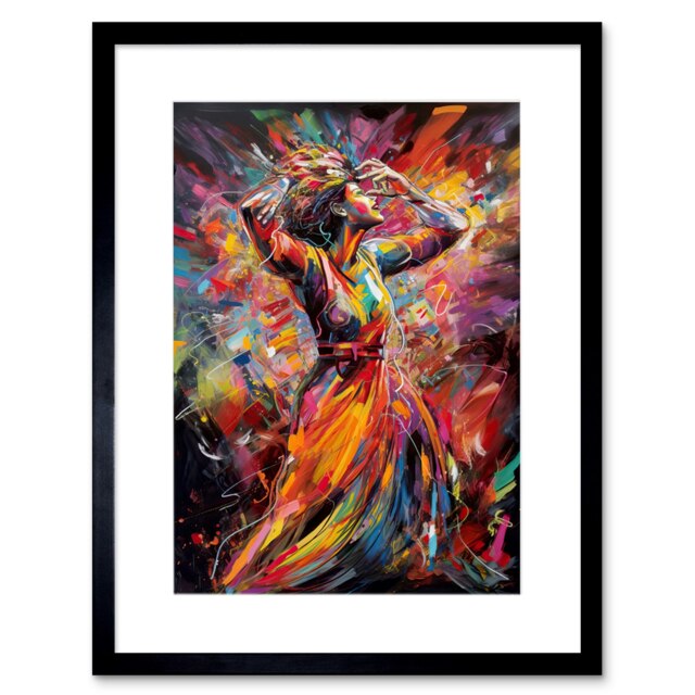 "Happy Woman Dancing to Music Modern Vibrant Colour 9x7"" Black Framed Wall Art Print"