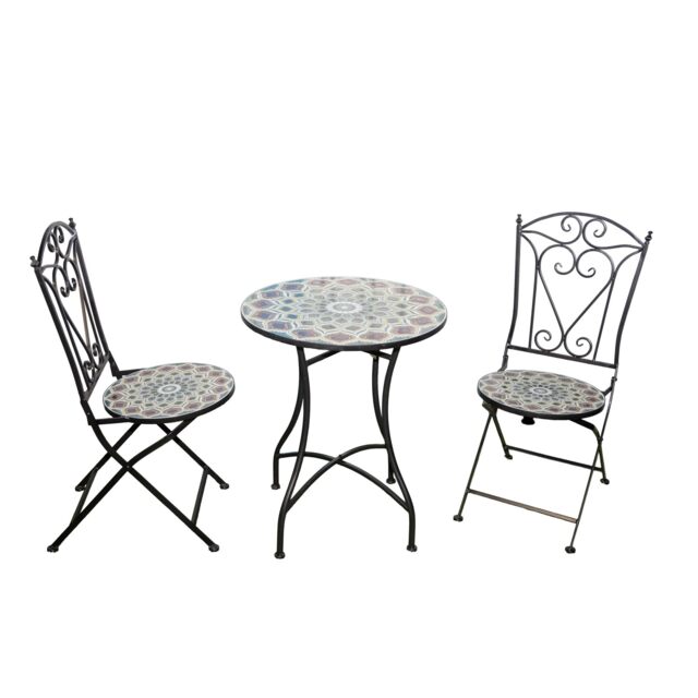 Mosaic Bistro Set with Round Table and Two Folding Chairs for Garden Patio Balcony and Outdoor Dining