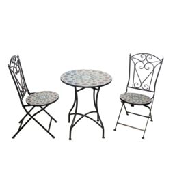 Mosaic Bistro Set with Round Table and Two Folding Chairs for Garden Patio Balcony and Outdoor Dining