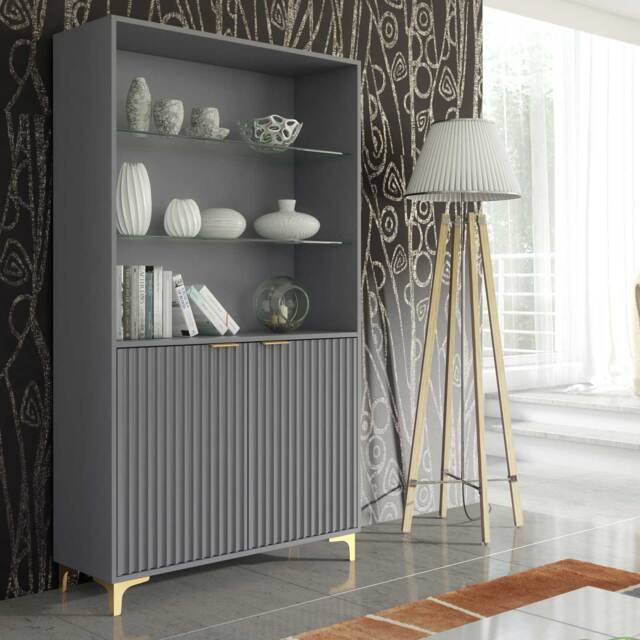 Display Cabinet Bookcase Storage Cabinet Grey Fluted Doors Gold Legs 175cm
