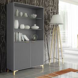 Display Cabinet Bookcase Storage Cabinet Grey Fluted Doors Gold Legs 175cm
