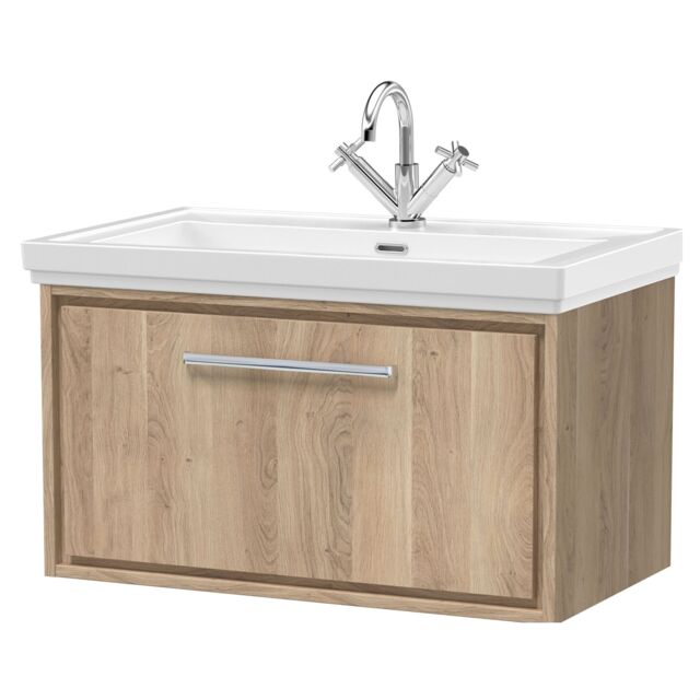 Balterley Longnor 1 Drawer Wall Hung Vanity Unit with 1 Tap Hole Traditional Fireclay Basin, Light Oak, 800mm