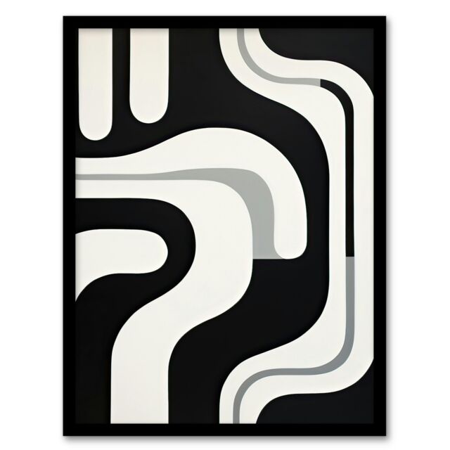 Minimalist Curves Shapes Abstract White Black Framed Wall Art Print A4