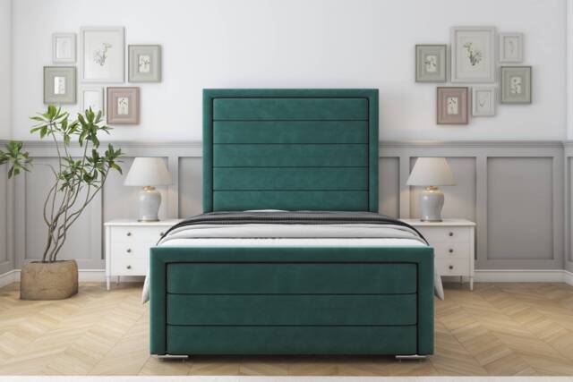 "Sloomy Ashford Emerald Plush Bed Frame With Mattress With 50"" Upholstered Headboard 4'6 Double"