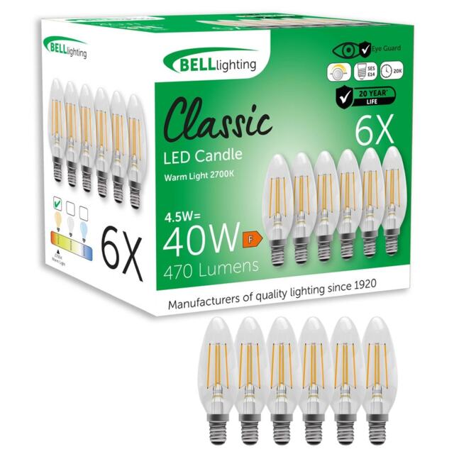 BELL Lighting E14 Screw Dimmable LED Filament Candle 4.5W Light Bulb White Warm White - 2700K 6