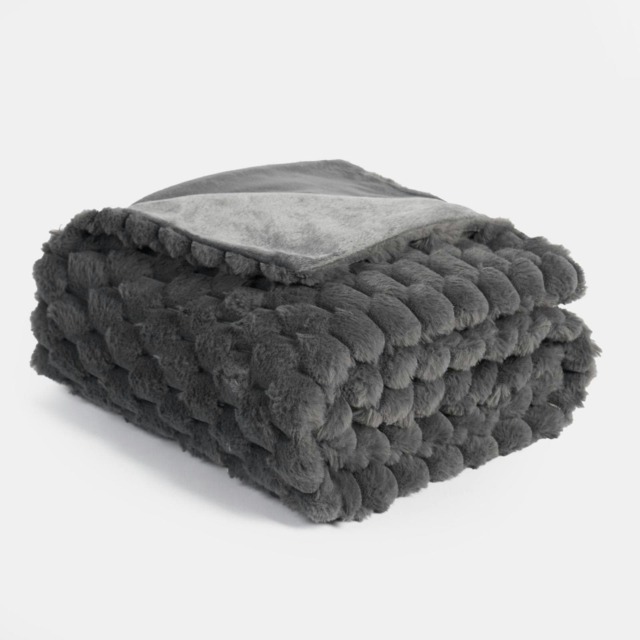 OHS Soft Waffle Fleece Faux Fur Thick Blanket Throw, 125x150cm - Charcoal