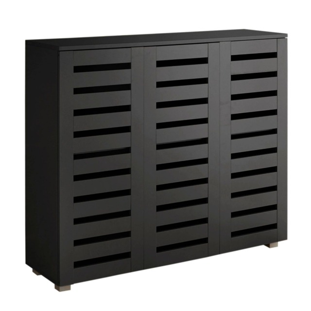 Oslo 3 Door Wooden Shoe Storage Cabinet Rack Stand Cupboard Slatted Doors Black