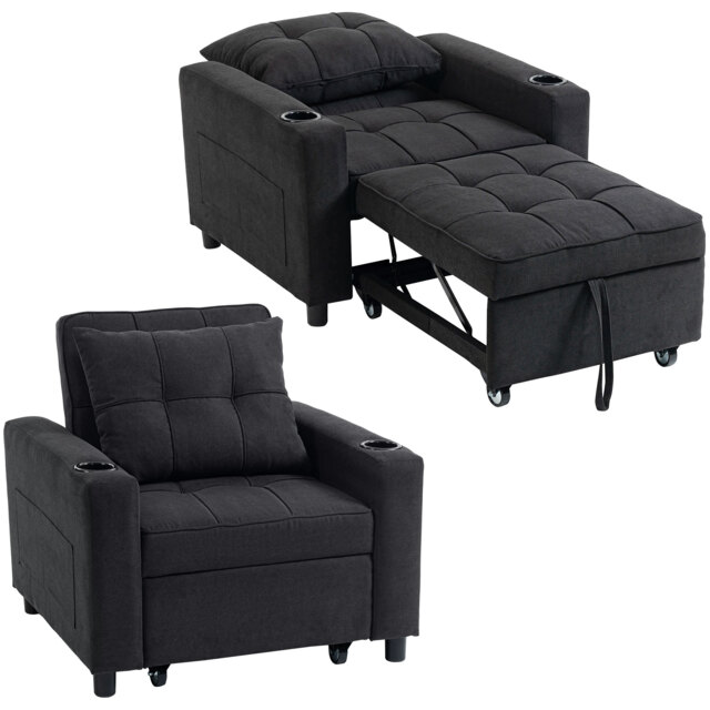 HOMCOM 3-in-1 Single Sofa Bed, Convertible Sleeper Chair with Adjustable Backrest, Fabric Pull Out Chair Bed with Pillow, Side Pockets and Cup Holders for Living Room, Bedroom, Black Black