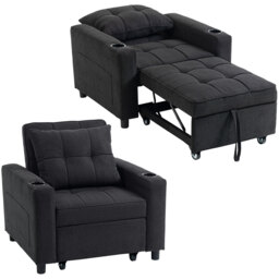 HOMCOM 3-in-1 Single Sofa Bed, Convertible Sleeper Chair with Adjustable Backrest, Fabric Pull Out Chair Bed with Pillow, Side Pockets and Cup Holders for Living Room, Bedroom, Black Black