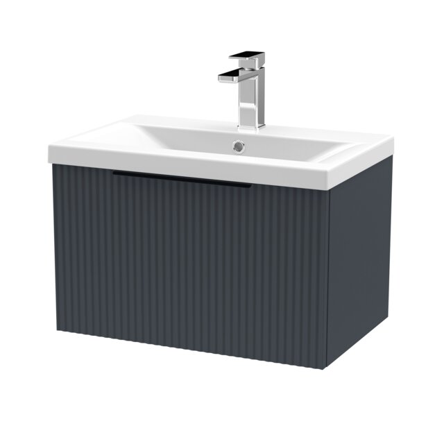 Balterley Fluted Front Wall Hung 1-Drawer Bathroom Vanity Unit with 1 Tap Hole Basin, Handles Grey Soft Black