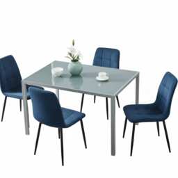 Grey Glass Dining Table Set with 4 blue velvet Chairs Dining Room Furniture