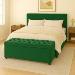 137cm Chesterfield Plush Velvet Forest Green Upholstered Storage Ottoman Bench - Deep Tufted Lid & Wooden Leg