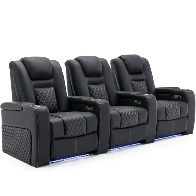 Broadway 3 Seater Cinema Electric Recliner Chair USB Charging LED Base (Black w White stitching)
