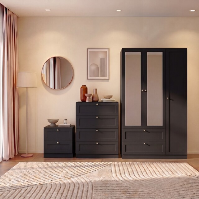 Vida Designs Altino 3 Piece Bedroom Set (2 Drawer Bedside, 4 Drawer Chest, 3 Door 2 Drawer Mirrored Wardrobe), Black