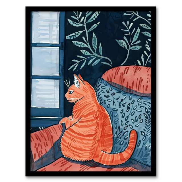 Moggie Cat Lover Alone Time Melancholy Painting Black Framed Wall Art Print A4