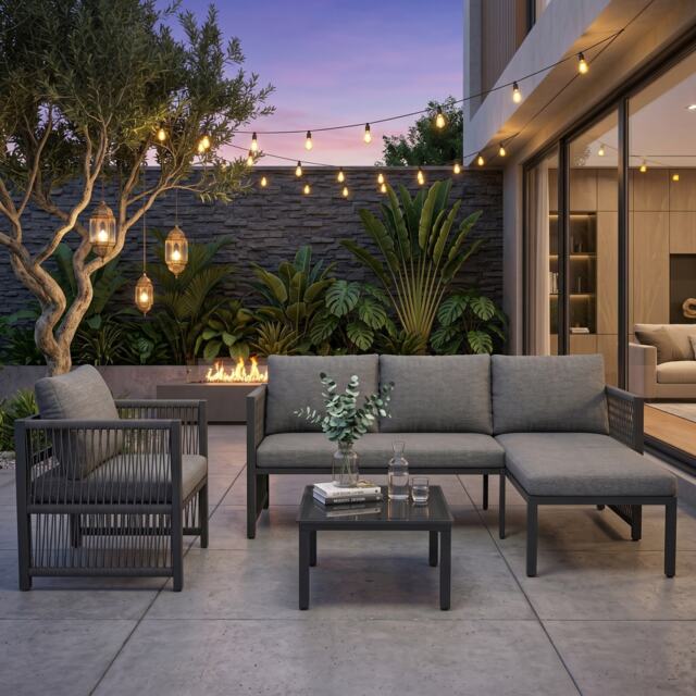 FENCHILIN 4-5 Seater Garden Set with Corner Sofa Armchair and Glass Table Patio Lounge Set