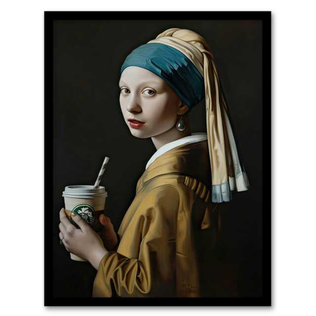 Vermeer's Girl With Pearl Earring Coffee Remake Kitchen Black Framed Wall Art Print A4