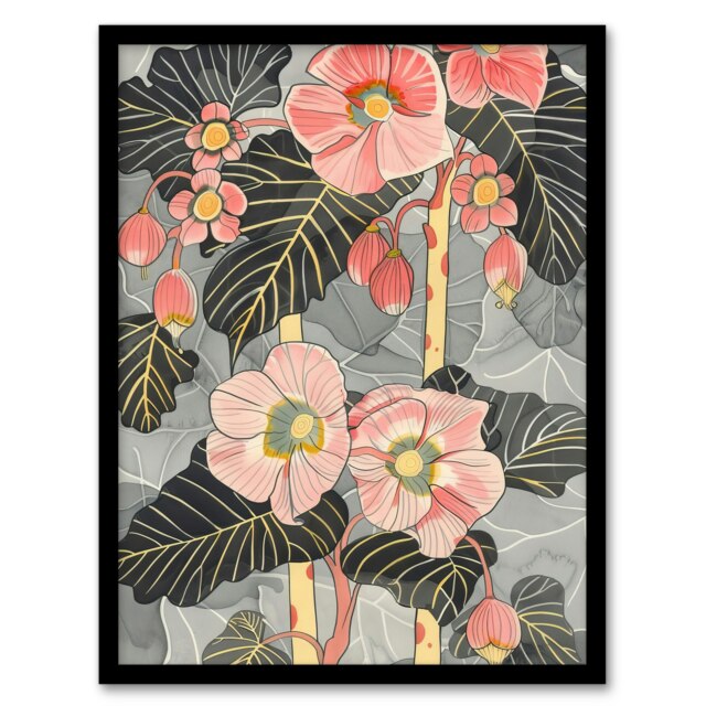 Blooming Pink Begonia Flowers Stylised Black Framed Wall Art Print A4