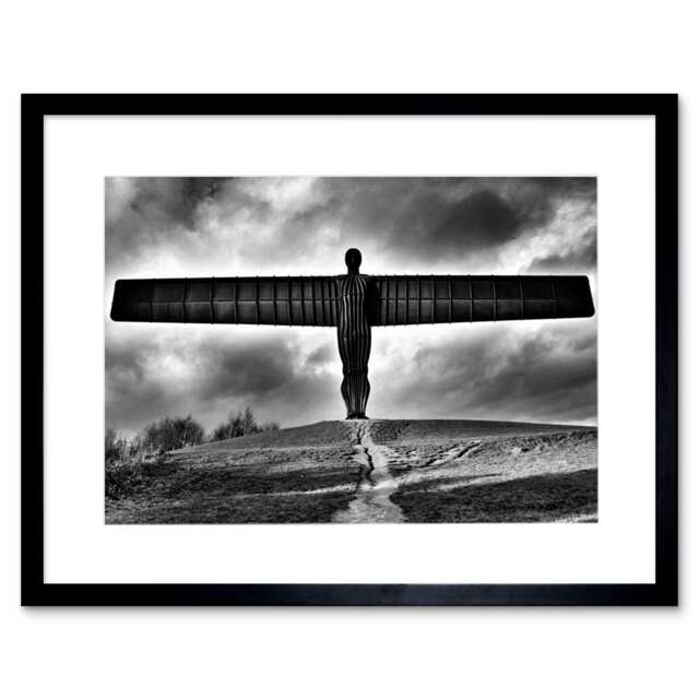 "Angel of North Black White England 9x7"" Black Framed Wall Art Print"