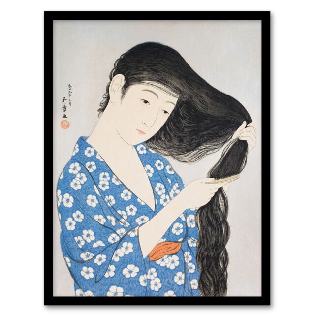 "Woman Combing Her Hair Vintage Japan Framed Wall Art Print Hashiguchi 12x16"""